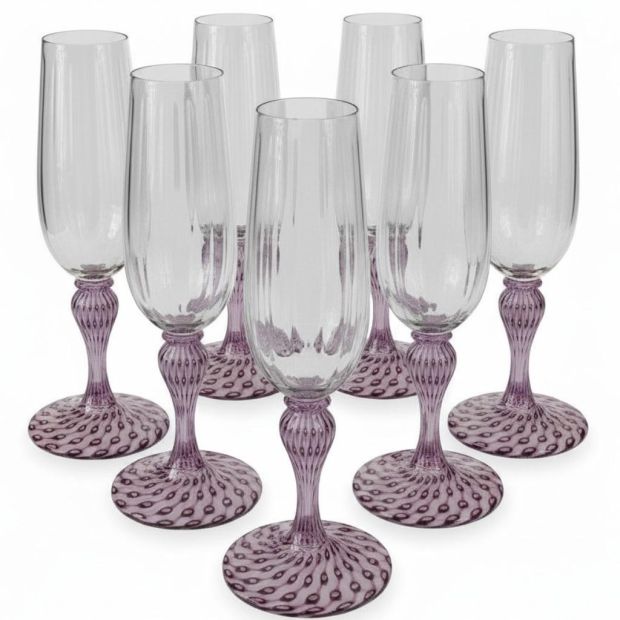 Ensemble de 6 verres à flûte de Murano « œil de paon » violets et roses